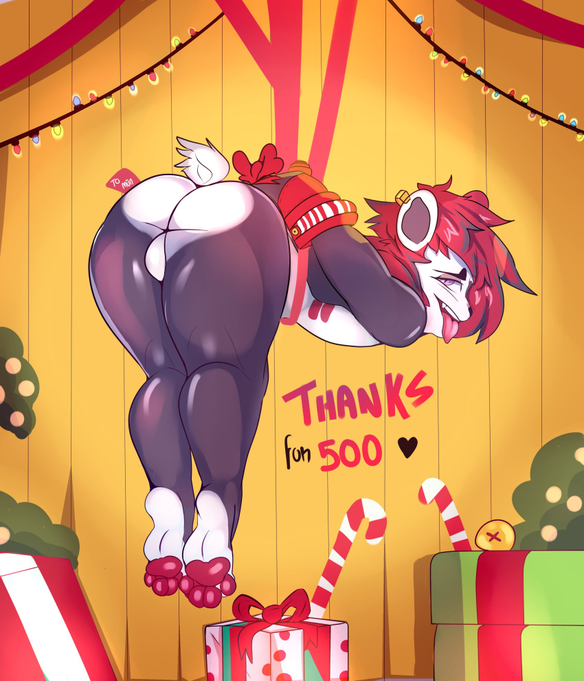absurd_res anthro balls bdsm bedroom_eyes bent_over big_butt bondage bound bow_(disambiguation) butt christmas ear_piercing ear_ring genitals giant_panda hair half-closed_eyes hi_res holidays huge_butt inviting looking_at_viewer male mammal narrowed_eyes pawpads paws pear-shaped_figure piercing presenting punkypanda red_hair red_pawpads rysoka seductive solo thick_thighs tongue tongue_out ursid wide_hips