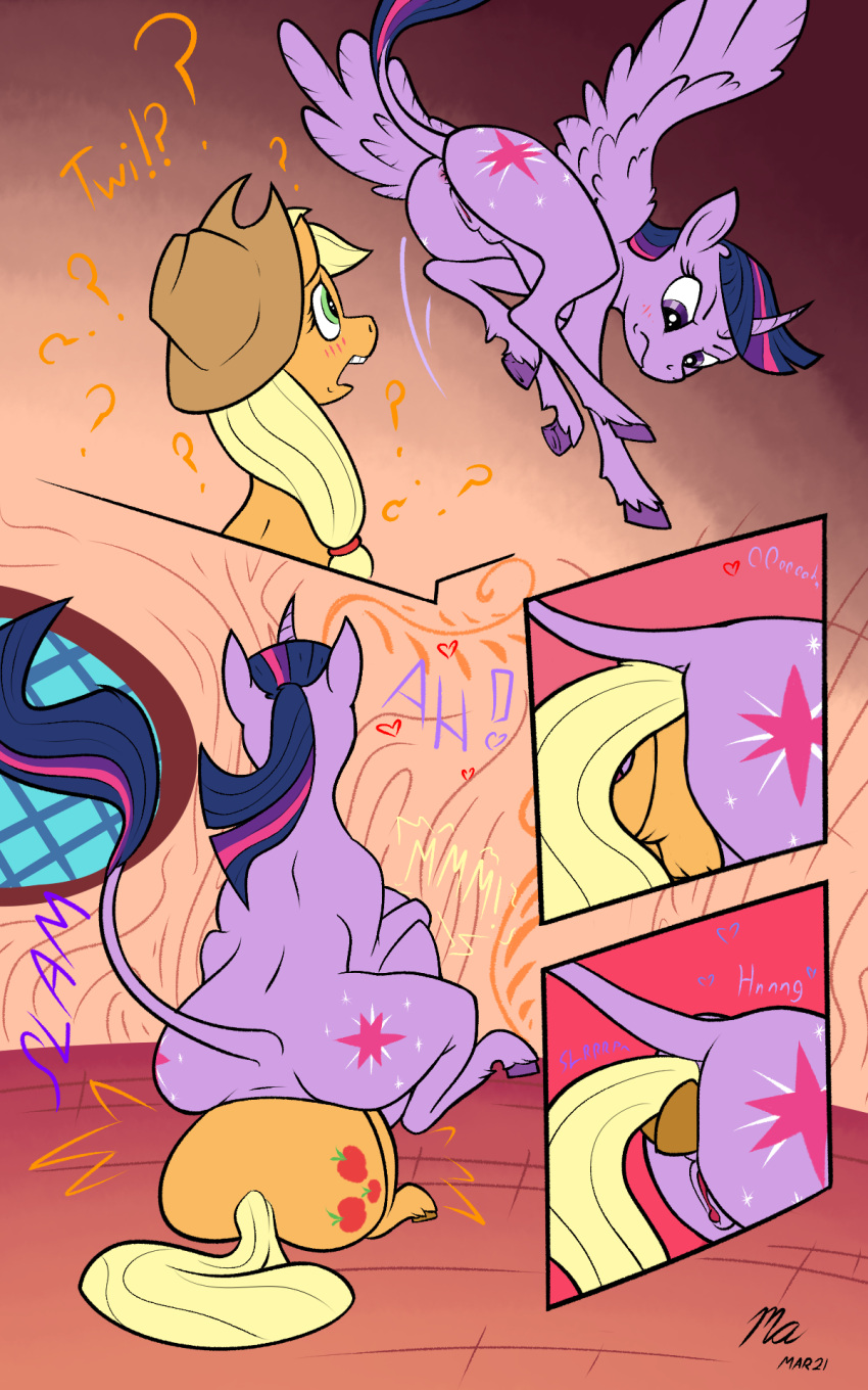 10:16 abdominal_bulge anal anal_vore angry anus applejack_(mlp) belly blush butt cloven_hooves comic cutie_mark earth_pony equid equine eyelashes feathered_wings feathers female female/female feral friendship_is_magic genitals green_eyes hasbro hi_res hooves horn horse looking_back magnificent-arsehole mammal my_little_pony open_mouth orange_body pony purple_body purple_eyes pussy same_size_vore scared teats twilight_sparkle_(mlp) vore winged_unicorn wings