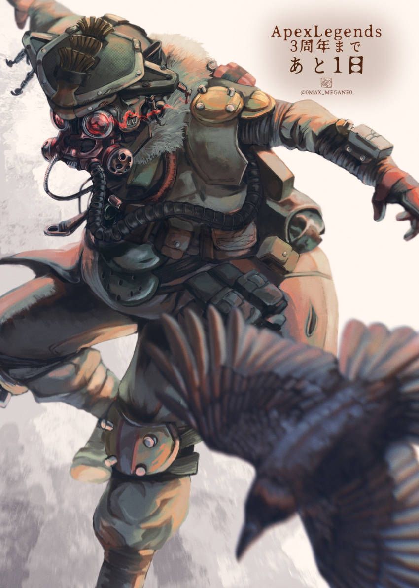 1other ambiguous_gender anniversary apex_legends bird bloodhound_(apex_legends) brown_jacket brown_pants cable copyright_name crow flying gloves goggles helmet highres jacket knee_pads looking_down megane_(0max_megane0) open_hand pants rebreather red_gloves solo