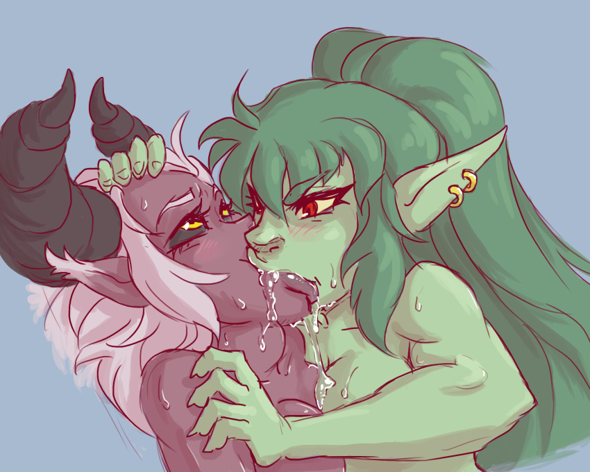 5:4 black_horn black_sclera blush blush_lines bodily_fluids breast_squish breasts demon duo ear_piercing ear_ring embrace extreme_french_kiss eye_roll eyebrows female female/female fluffy_ears french_kissing goblin green_body green_eyebrows green_hair green_skin hair hi_res horn humanoid humanoid_pointy_ears kissing long_hair piercing pink_eyebrows pink_hair raised_eyebrows red_body red_eyes red_skin saliva saliva_on_breasts segmented_horn simple_background squish sweat sweatdrop ungulatr v-shaped_eyebrows yellow_eyes yellow_sclera