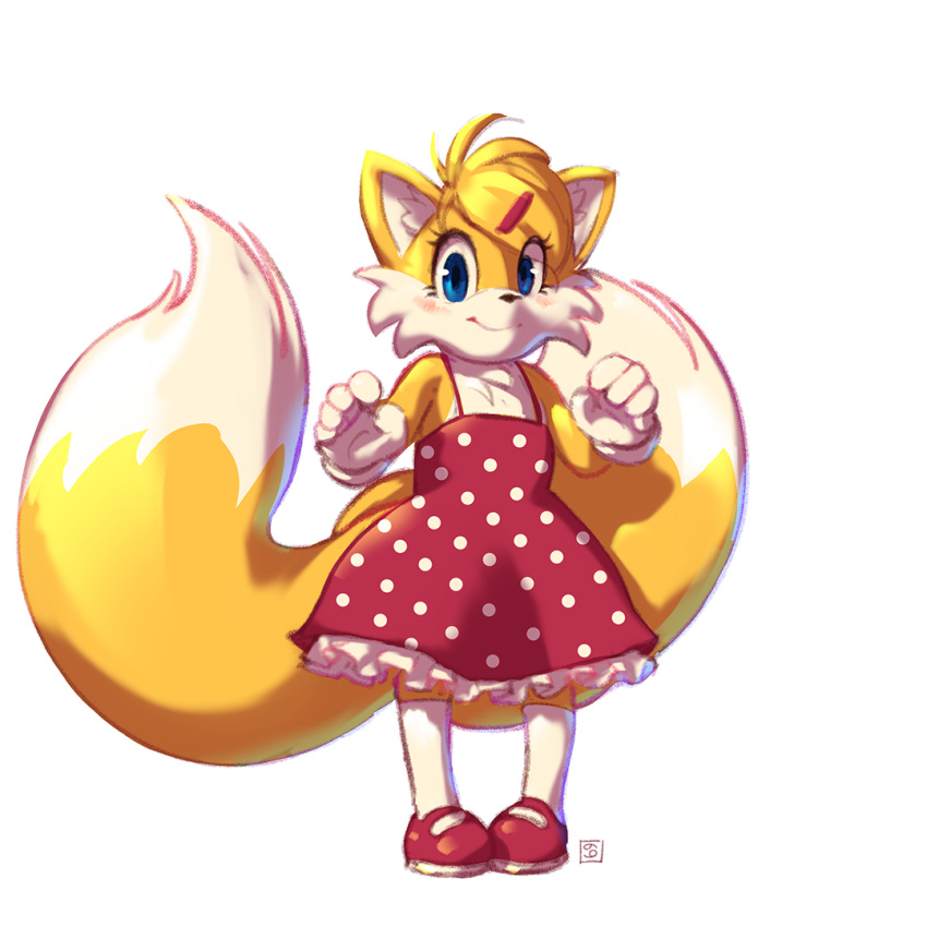 accessory anthro backstreetcrab blush canid canine clothed clothing crossdressing dress footwear fox hair_accessory hairclip looking_at_viewer male mammal miles_prower pattern_clothing sega shoes simple_background smile socks solo sonic_the_hedgehog_(series) spots spotted_clothing white_background
