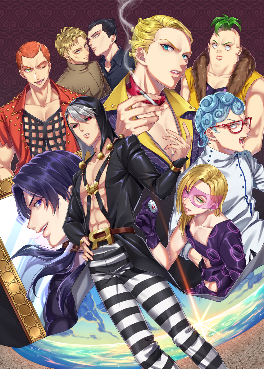 6+boys absurdres beach black_eyes black_hair black_jacket black_sclera black_shirt blonde_hair brown_jacket buzz_cut cigarette closed_mouth colored_sclera formaggio gelato ghiaccio glasses green_eyes green_hair grey_hair highres holding holding_cigarette illuso jacket jojo_no_kimyou_na_bouken long_hair long_sleeves melone mirror multiple_boys one_eye_closed open_mouth orange_hair orange_jacket pants pesci polo_shirt prosciutto purple_hair purple_shirt red_eyes risotto_nero shakuyouka shirt short_hair short_sleeves smile smoking sorbet striped striped_pants sunrise vento_aureo very_short_hair water white_jacket white_pants