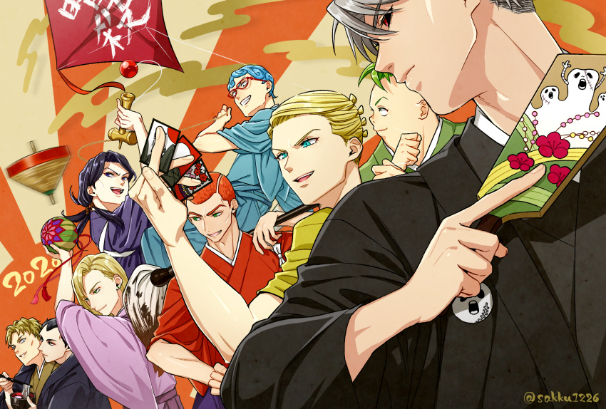 2020 6+boys bangs black_eyes black_hair black_kimono black_sclera blood blue_hair blue_kimono brown_kimono buzz_cut card closed_mouth colored_sclera formaggio gelato ghiaccio glasses green_eyes green_hair green_kimono grey_hair highres holding holding_brush holding_card illuso japanese_clothes jojo_no_kimyou_na_bouken kimono kite long_hair long_sleeves melone multiple_boys open_mouth orange_hair orange_kimono pesci pink_kimono prosciutto purple_eyes purple_kimono red_eyes risotto_nero shakuyouka short_hair sorbet vento_aureo very_short_hair yellow_kimono