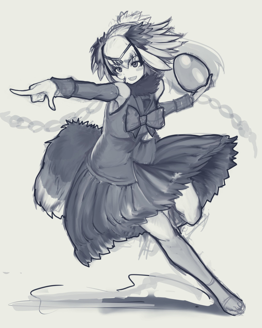 1girl arm_up armpits bare_shoulders bird_girl bird_tail bird_wings bow circlet detached_sleeves dress egg floating_hair full_body fur_collar hand_up head_wings highres holding holding_egg kemono_friends long_hair looking_afar medium_dress monochrome open_mouth ostrich_(kemono_friends) outstretched_arm pointing sandals shibori_kasu sketch smile solo tail wings