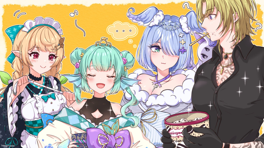 ... 1boy 3girls ? ?? black_kimono black_shirt blonde_hair blue_bow blue_eyes blue_hair blush bow braid breasts chest_tattoo cleavage cleavage_cutout closed_eyes clothing_cutout collarbone collared_shirt confused double_bun elira_pendora english_commentary finana_ryugu green_bow green_hair haagen-dazs hair_behind_ear hair_bow hair_over_one_eye head_fins highres holding japanese_clothes jewelry key kimono large_pectorals lazulight long_hair looking_down luca_kaneshiro maid_headdress medium_breasts mugimugigo multiple_girls muscular muscular_male necklace nijisanji nijisanji_en obi official_alternate_costume one_eye_covered open_mouth pectorals pointy_ears pomu_rainpuff purple_bow sash shirt short_hair smile tape_measure tattoo thought_bubble twin_braids twintails virtual_youtuber wa_maid yellow_background