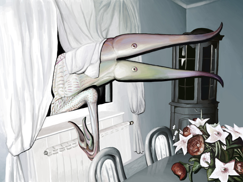 absurd_res ambiguous_gender bouquet cabinet chair claws creepy curtains detailed_background entering equietum flower flower_bouquet furniture green_body hi_res inside looking_at_viewer nightmare_fuel open_mouth open_window photorealism plant red_body table unknown_species white_body window