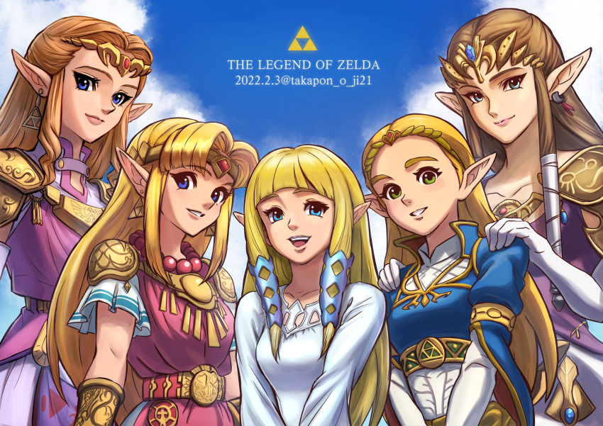 5girls bangs blonde_hair blue_eyes blue_jacket blunt_bangs bow breasts brown_hair dress earrings gold_headband green_eyes hair_behind_ear hair_tubes highres jacket jewelry looking_at_viewer medium_breasts multiple_girls multiple_persona parted_bangs parted_lips pink_bow pink_dress princess_zelda purple_dress smile takapon-o-ji the_legend_of_zelda the_legend_of_zelda:_a_link_to_the_past the_legend_of_zelda:_breath_of_the_wild the_legend_of_zelda:_ocarina_of_time the_legend_of_zelda:_skyward_sword the_legend_of_zelda:_twilight_princess white_dress