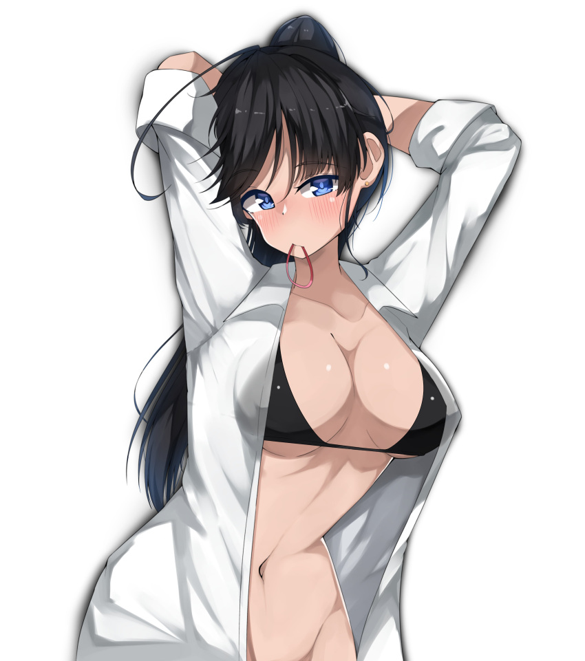 1girl absurdres ahoge antyobi0720 arms_up bangs bikini bikini_under_clothes black_bikini black_eyes black_hair breasts cleavage closed_mouth commentary dress_shirt earrings girls_und_panzer hair_tie_in_mouth hands_in_hair head_tilt highres isuzu_hana jewelry long_hair long_sleeves looking_at_viewer medium_breasts mouth_hold navel open_clothes open_shirt shirt simple_background sleeves_rolled_up solo stud_earrings swimsuit upper_body white_background white_shirt