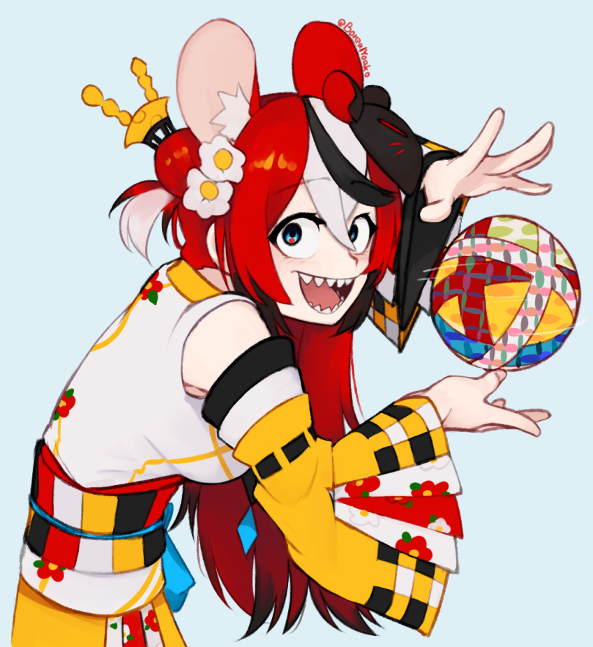 1girl :d animal_ear_fluff animal_ears avatar:_the_last_airbender avatar_(series) ball black_hair blue_eyes commentary detached_sleeves extra_ears hair_ornament hakos_baelz hololive hololive_english japanese_clothes kimono mask mask_on_head mouse_ears mouse_girl multicolored_hair open_mouth parody red_hair sharp_teeth smile streaked_hair teeth temari_ball twintails virtual_youtuber white_hair yoako