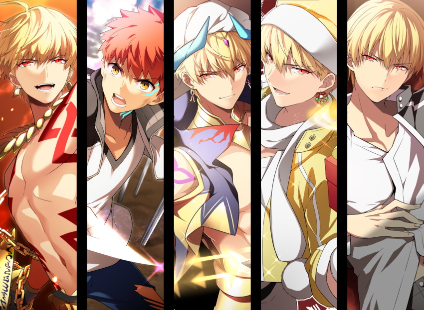 arabian_clothes bangs blonde_hair comiket_93 commentary_request earrings emiya_shirou eyebrows_visible_through_hair fate/grand_order fate/stay_night fate_(series) gilgamesh_(caster)_(fate) gilgamesh_(fate) hair_between_eyes jewelry looking_at_viewer male_focus multiple_boys natsuko_(bluecandy) open_mouth red_eyes red_hair short_hair smile yellow_eyes