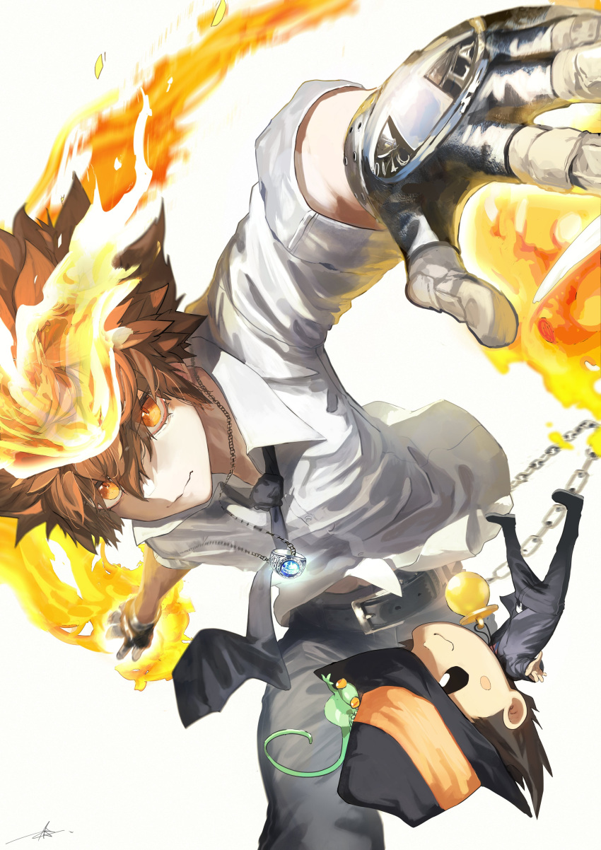 2boys absurdres black_hair brown_eyes brown_hair commentary_request fire formal gloves hat highres jewelry katekyo_hitman_reborn! male_focus multiple_boys necklace necktie ossan_zabi_190 reborn sawada_tsunayoshi shirt short_hair smile spiked_hair