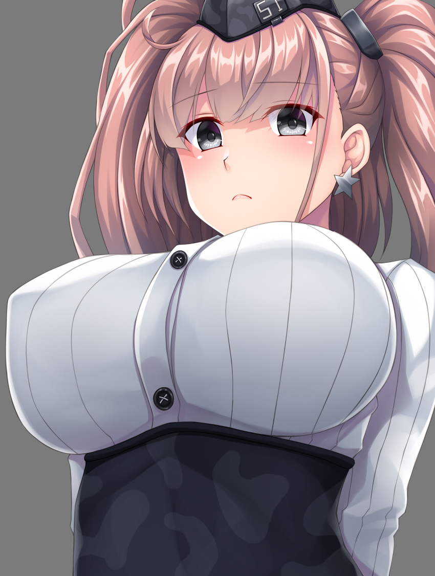 1girl atlanta_(kancolle) black_headwear black_skirt blush breasts brown_hair buttons closed_mouth earrings eyebrows_visible_through_hair garrison_cap grey_background grey_eyes hat high-waist_skirt highres jewelry kantai_collection large_breasts long_hair long_sleeves ruin_re_birth shirt simple_background single_earring skirt solo star_(symbol) star_earrings two_side_up white_shirt