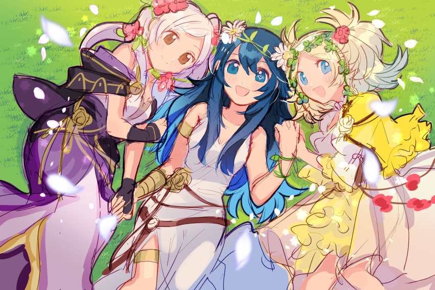 3girls :d alternate_costume armlet bangs blonde_hair blue_eyes blue_hair dress eyebrows_visible_through_hair fire_emblem fire_emblem_awakening fire_emblem_heroes flower grass hair_flower hair_ornament highres kurimori lissa_(fire_emblem) long_hair looking_at_viewer lucina_(fire_emblem) lying multiple_girls official_alternate_costume on_back robin_(fire_emblem) robin_(fire_emblem)_(female) smile symbol_in_eye twintails white_dress white_hair yellow_dress