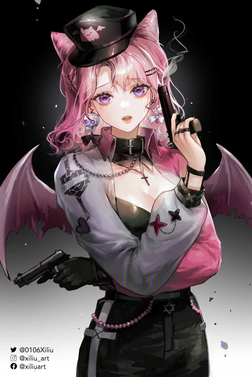 1girl absurdres arm_under_breasts bangs bat_wings breasts cleavage collar commission cross facebook_username gun hair_cones hair_ornament hairclip hand_up hat highres holding holding_gun holding_weapon instagram_username medium_breasts open_mouth original pants pink_eyes pink_hair shirt short_hair solo twitter_username upper_body weapon wings xi_liu