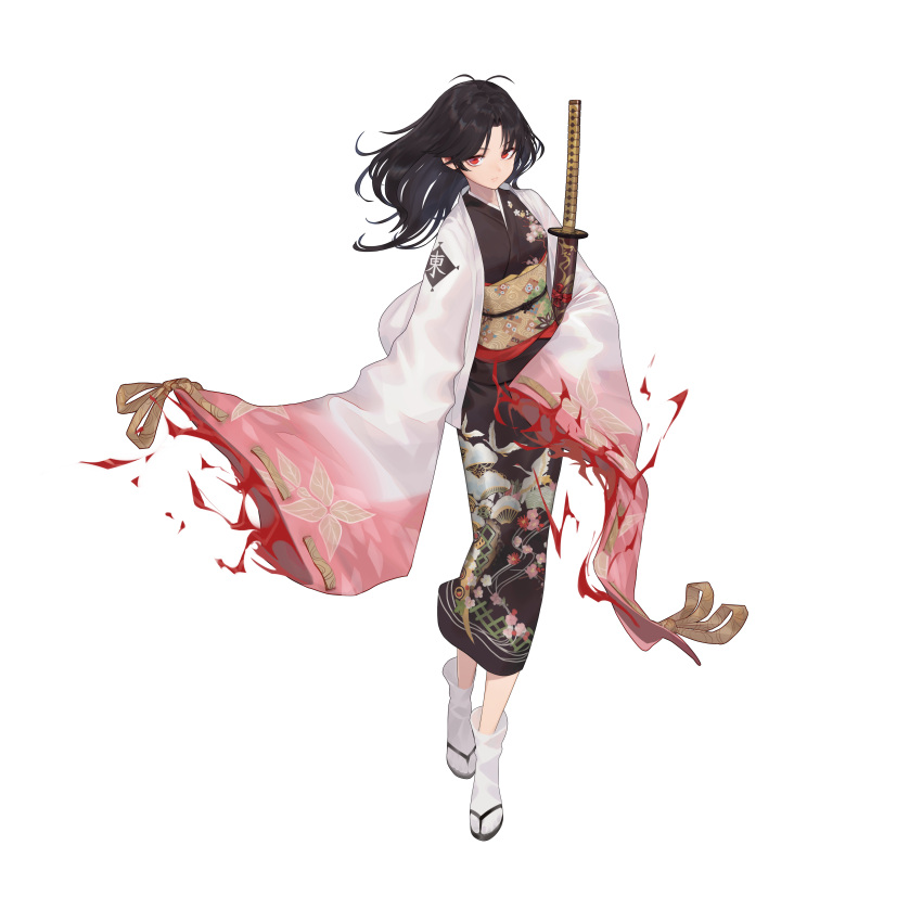 1girl absurdres artist_request black_hair closed_mouth highres holding holding_sword holding_weapon illusion_connect japanese_clothes katana kimono long_hair long_sleeves looking_at_viewer maki_(illusion_connect) obi official_art red_eyes sandals sash simple_background sleeves_past_fingers sleeves_past_wrists solo sword tabi third-party_source transparent_background weapon wide_sleeves