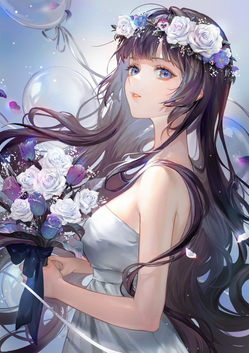 1girl absurdres balloon bangs black_hair blue_eyes commission dress floating_hair flower from_side hair_flower hair_ornament highres holding holding_flower lips long_hair original parted_lips solo upper_body white_dress xi_liu