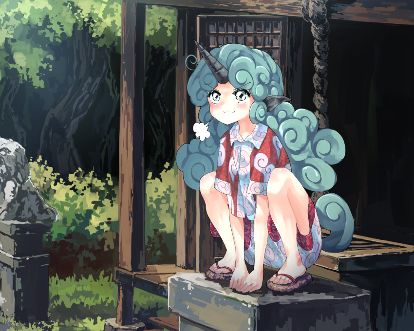 1girl animal_ears aqua_hair bow cloud_print curly_hair green_eyes green_hair highres horns kariyushi_shirt komainu komano_aunn long_hair outdoors red_shirt shirt short_sleeves shorts single_horn skirt smile solo sunnysideup touhou white_shorts