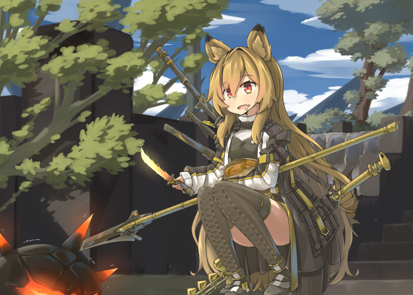 1girl absurdres animal_ear_fluff animal_ears arknights bangs black_dress black_footwear black_legwear ceobe_(arknights) collared_dress day dress eyebrows_visible_through_hair fang full_body hair_between_eyes highres hinbackc holding holding_knife holding_polearm holding_weapon knife light_brown_hair long_hair long_sleeves medium_dress multicolored_clothes multicolored_dress outdoors parted_lips polearm red_eyes saliva scenery shoes skin_fang solo squatting sword sword_behind_back tail tail_raised thighhighs very_long_hair weapon white_dress