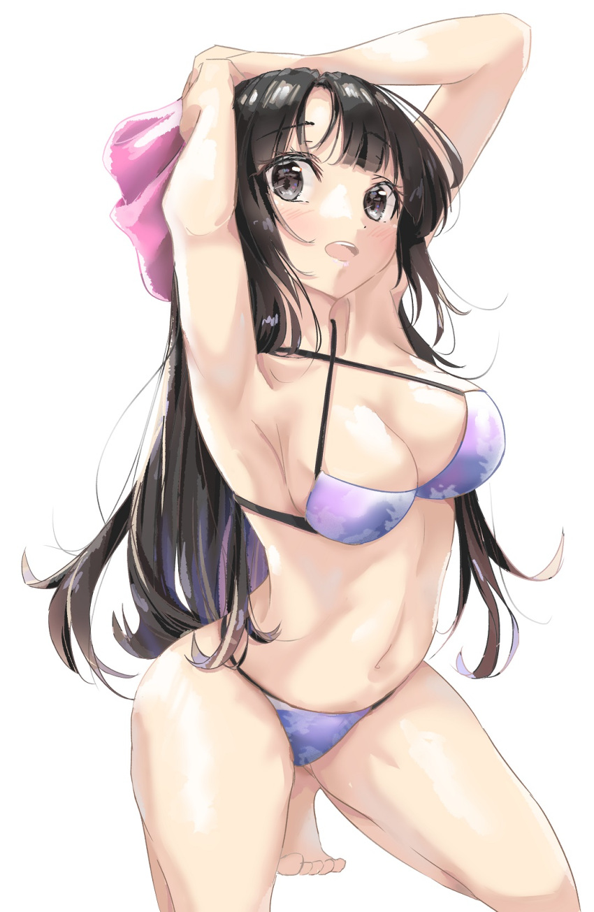 1girl arms_behind_head arms_up barefoot bikini black_eyes black_hair breasts cleavage criss-cross_halter hair_ribbon halter_top halterneck highres long_hair medium_breasts open_mouth original pink_ribbon purple_bikini ribbon simple_background smile solo sounden123 squatting swimsuit white_background