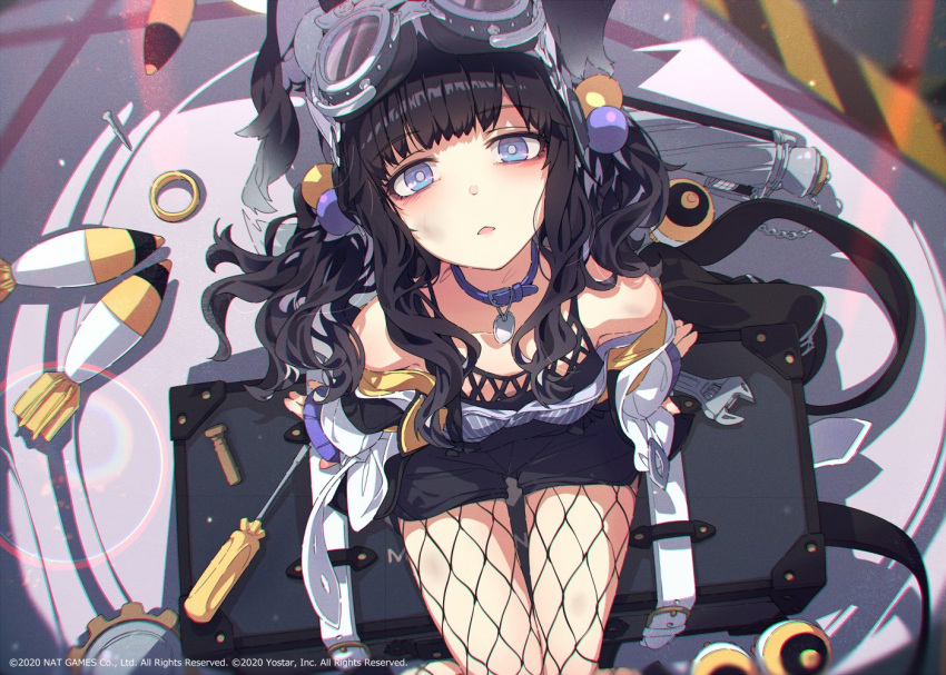 1girl ammunition animal_ears bangs black_hair blue_archive blue_eyes blush breasts collar dog_ears dog_girl dog_tail fishnet_legwear fishnets from_above gears goggles goggles_on_head hair_bobbles hair_ornament halo hibiki_(blue_archive) jacket long_hair looking_at_viewer mortar_(weapon) mortar_shell ogipote pantyhose purple_eyes screwdriver sitting solo tail wrench