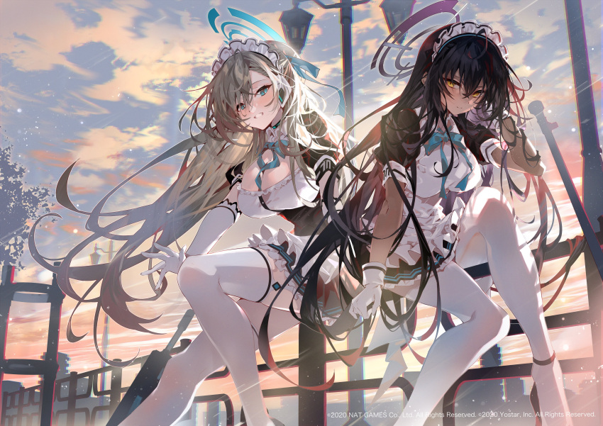 2girls absurdres apron aqua_bow aqua_bowtie arutera asuna_(blue_archive) bangs banned_artist black_dress black_hair blue_archive blue_eyes blush bow bowtie breasts closed_mouth cloud dark-skinned_female dark_skin dress elbow_gloves evening fence frills garter_straps gloves grin gun halo highres karin_(blue_archive) large_breasts light_brown_hair long_hair looking_at_viewer maid maid_headdress multiple_girls official_art outdoors pantyhose sky smile thighhighs very_long_hair weapon white_apron white_gloves white_legwear yellow_eyes