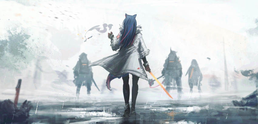 2girls animal_ears arknights backlighting black_gloves black_legwear blue_hair cigarette coat english_text franlol from_behind full_body fur-trimmed_coat fur_trim gloves hammer highres holding holding_sword holding_weapon long_sleeves mudrock_(arknights) multicolored_hair multiple_girls official_alternate_costume open_clothes open_coat pantyhose puddle red_hair reunion_soldier_(arknights) smoke solo_focus standing sword tail texas_(arknights) texas_(winter_messenger)_(arknights) tossing two-tone_hair walking weapon white_coat wolf_ears wolf_girl wolf_tail