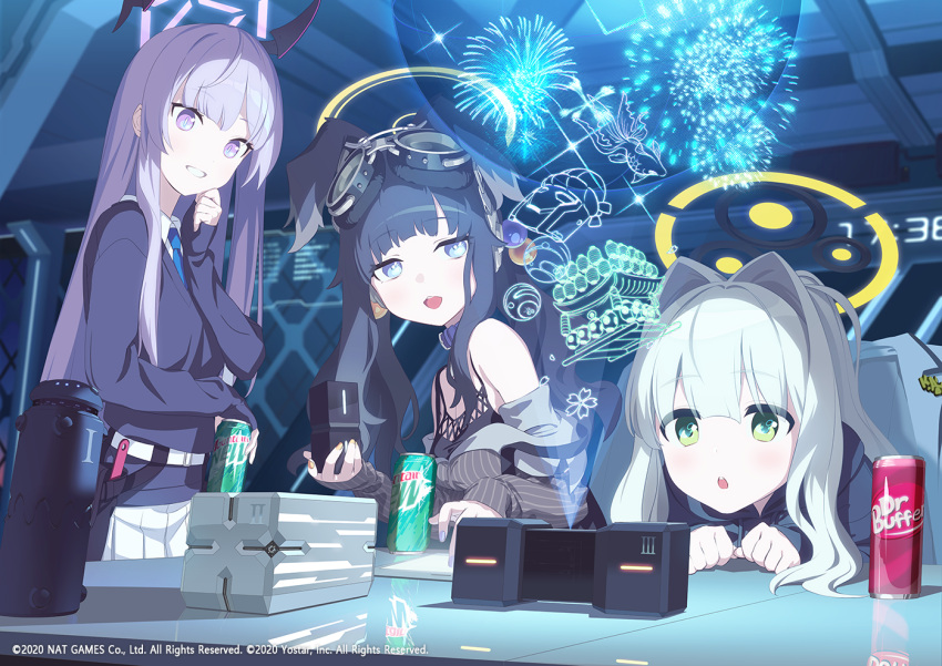 3girls animal_ears bangs bare_shoulders black_hair blue_archive blue_eyes blush breasts can collared_shirt commentary_request dog_ears eyebrows_visible_through_hair fireworks goggles green_eyes hair_ornament halo hare_(blue_archive) headgear hibiki_(blue_archive) hologram jacket long_hair long_sleeves looking_at_viewer medium_breasts mimitoke multiple_girls necktie official_art open_mouth parted_lips purple_eyes shirt silver_hair sleeveless sleeves_past_wrists smile soda_can utaha_(blue_archive) very_long_hair white_shirt