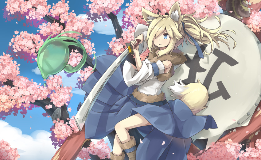 1girl :&lt; absurdres ahoge animal_ear_fluff animal_ears bangs bare_shoulders blonde_hair blue_eyes blue_skirt blue_sky boots brown_footwear cherry_blossoms cloud cloudy_sky day detached_sleeves eyebrows_visible_through_hair fox_ears fox_girl fox_tail fur-trimmed_shirt fur_trim hair_over_one_eye hair_over_shoulder highres hinbackc holding holding_sword holding_weapon katana long_hair long_skirt long_sleeves original outdoors pleated_skirt ponytail scenery shirt signature skirt sky solo sword tail tail_raised weapon white_shirt white_sleeves wide_sleeves