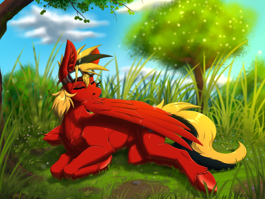 black_hair blonde_hair equid equine eyes_closed eyewear fan_character feather_preening feathers fluffy goggles grass hair hasbro hi_res hooves inner_ear_fluff lying mammal multicolored_hair my_little_pony outside pegasus personal_grooming plant solo tree tuft two_tone_hair twotail813 twotail_(mlp) wings