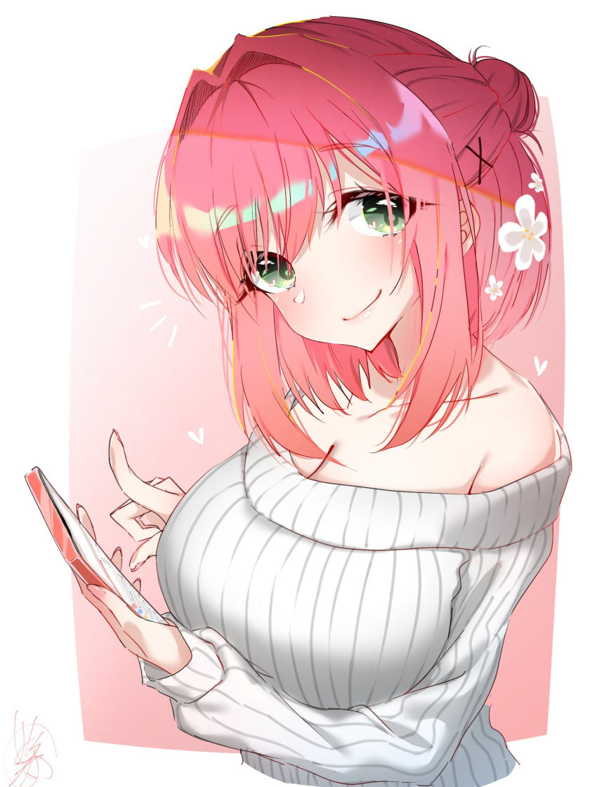 1girl akira_nozomi breasts cellphone character_request cleavage collarbone eyebrows_visible_through_hair flower gradient gradient_background green_eyes hair_bun hair_flower hair_ornament hanazono_hakari highres holding holding_phone index_finger_raised kimi_no_koto_ga_dai_dai_dai_dai_daisuki_na_100-nin_no_kanojo large_breasts light_blush lipgloss long_sleeves looking_at_viewer medium_hair off-shoulder_sweater off_shoulder phone pink_background pink_hair ribbed_sweater sidelocks signature smartphone smile solo sweater tied_hair upper_body white_sweater x_hair_ornament