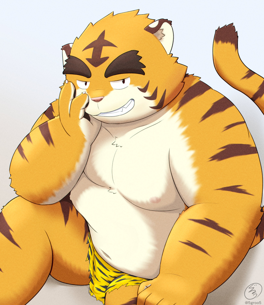 2022 5groo5 absurd_res anthro balls belly bottomwear clothing felid genitals hi_res humanoid_hands kemono loincloth male mammal moobs nipples overweight overweight_male pantherine setsubun simple_background sitting solo tiger white_body