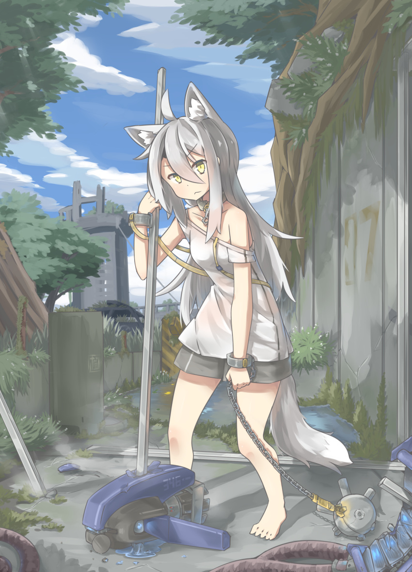 1girl absurdres ahoge animal_ear_fluff animal_ears bangs barefoot collarbone day eyebrows_visible_through_hair fox_ears fox_girl fox_tail grey_hair grey_skirt hair_between_eyes hair_over_shoulder highres hinbackc long_hair looking_at_viewer miniskirt off_shoulder original outdoors scenery shirt short_sleeves skirt solo standing tail white_shirt wrist_cuffs yellow_eyes