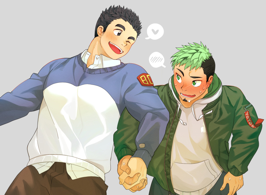 2boys alternate_costume bara black_eyes black_hair blush collared_shirt commentary couple dark-skinned_male dark_skin dn_dn emoticon facial_hair flustered goatee green_eyes green_hair green_jacket heart highres holding_hands hood hoodie jacket long_sideburns looking_at_another male_focus master_3_(housamo) multicolored_hair multiple_boys muscular muscular_male shirt short_hair sideburns smile taurus_mask teeth thick_eyebrows tokyo_afterschool_summoners two-tone_hair upper_body white_hoodie yaoi