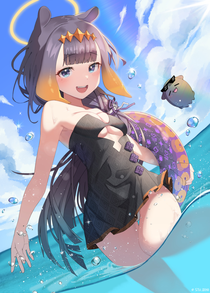 1girl absurdres blue_eyes blush breasts caustics cloud day diamond_hairband dress eyewear_on_head halo highres hololive hololive_english long_hair looking_at_viewer ninomae_ina'nis open_mouth outdoors panties purple_hair sky small_breasts smile strapless strapless_dress sunglasses tako_(ninomae_ina'nis) tentacle_hair tube tube_dress underwear very_long_hair virtual_youtuber wading water water_drop waves wet white_panties