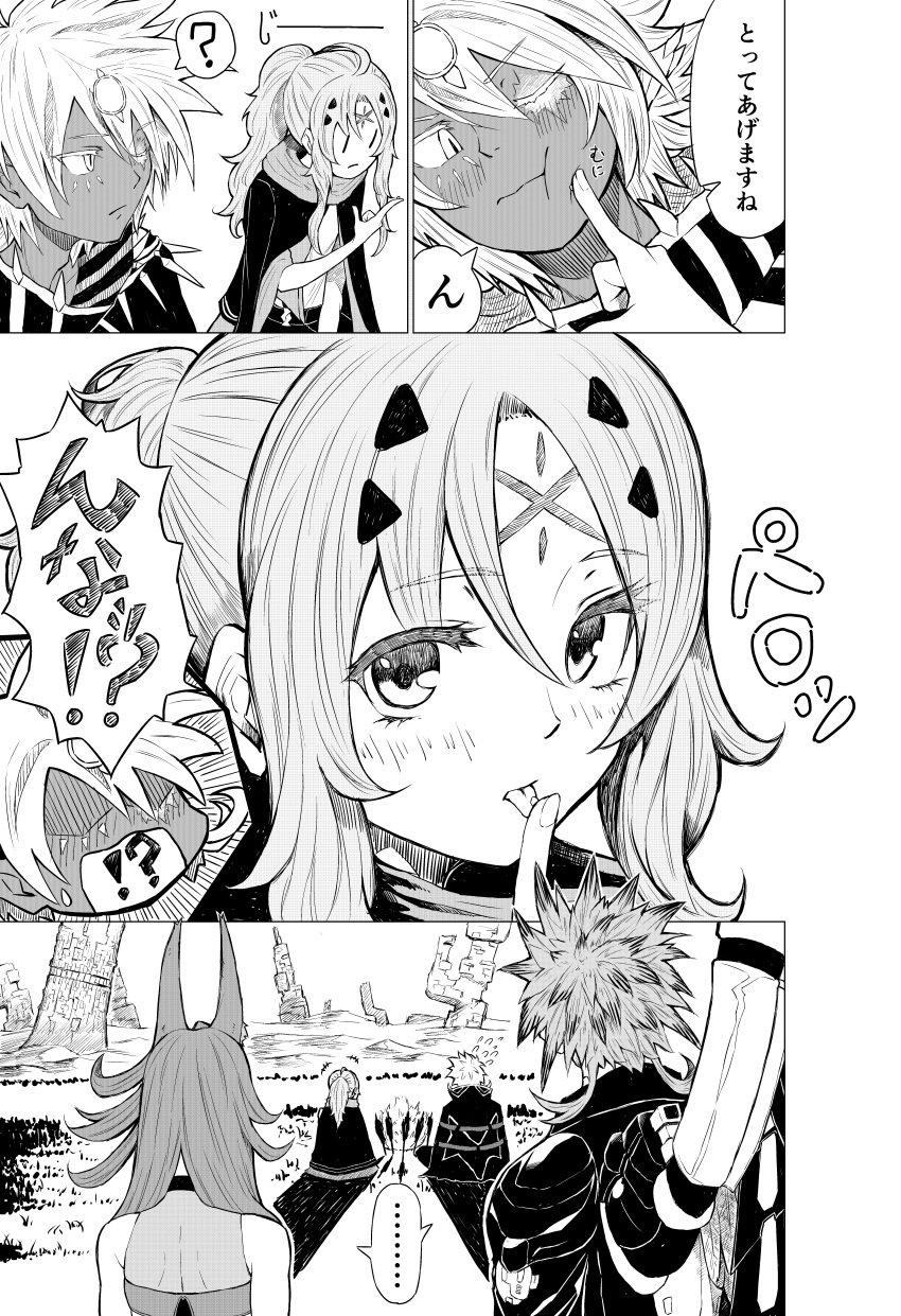 2boys 2girls absurdres ahoge animal_ears badominton bangs bare_shoulders blush cape dogmatika_ecclesia_the_virtuous duel_monster facial_mark fallen_of_albaz finger_to_another's_cheek forehead_mark greyscale highres incredible_ecclesia_the_virtuous licking licking_finger long_hair monochrome multiple_boys multiple_girls ponytail short_hair spiked_hair translation_request tri-brigade_ferrijit_the_barren_blossom tri-brigade_shuraig_the_ominous_omen yu-gi-oh!