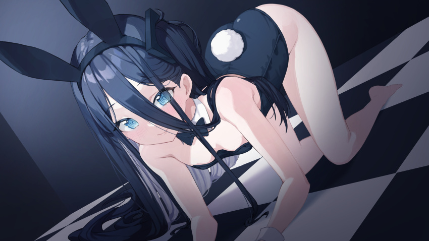 1girl absurdres all_fours animal_ears arisu_(blue_archive) ass bangs bare_shoulders black_hair black_leotard blue_archive blue_eyes blush breasts chungu detached_collar fake_animal_ears headband highres leotard long_hair looking_at_viewer one_side_up playboy_bunny rabbit_ears rabbit_tail small_breasts smile solo tail thighs wrist_cuffs