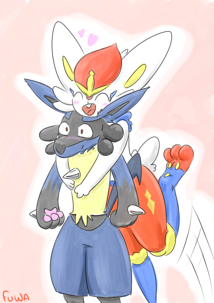 &lt;3 absurd_res ambiguous_gender anthro blue_body blue_fur blush canid canine cinderace digital_media_(artwork) duo embrace fur grey_body grey_fur happy hi_res hug jumping lagomorph lucario male mammal mr_fuwa nintendo paws pok&eacute;mon pok&eacute;mon_(species) red_body red_eyes simple_background spikes standing teeth video_games white_body white_fur yellow_eyes