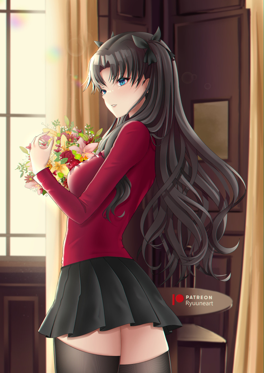 1girl absurdres aqua_eyes artist_name bangs black_hair black_legwear black_ribbon bouquet breasts chair curtains day english_commentary fate/stay_night fate_(series) flower from_side hair_ribbon highres holding holding_bouquet holding_flower indoors lens_flare long_hair long_sleeves looking_ahead parted_lips patreon_username pleated_skirt red_shirt red_sweater ribbon ryuuneart shirt sidelocks skirt solo sunlight sweater table thighhighs tohsaka_rin two_side_up wavy_hair window zettai_ryouiki