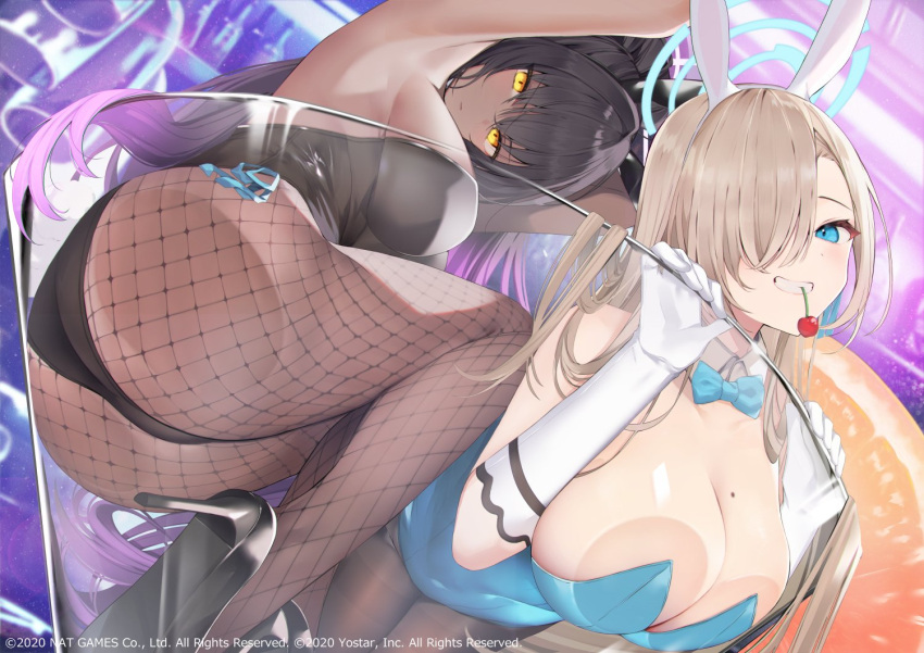 animal_ears aqua_leotard ass asuna_(blue_archive) banned_artist black_leotard blue_archive blue_bow blue_bowtie blue_leotard bow bowtie breasts dark-skinned_female dark_skin detached_collar fake_animal_ears fishnet_legwear fishnets gloves hair_over_one_eye halo highleg highleg_leotard karin_(blue_archive) leotard light_brown_hair mole mole_on_breast pantyhose playboy_bunny rabbit_ears rabbit_tail shoulder_tattoo strapless strapless_leotard tail tattoo tetsubuta white_gloves yellow_eyes