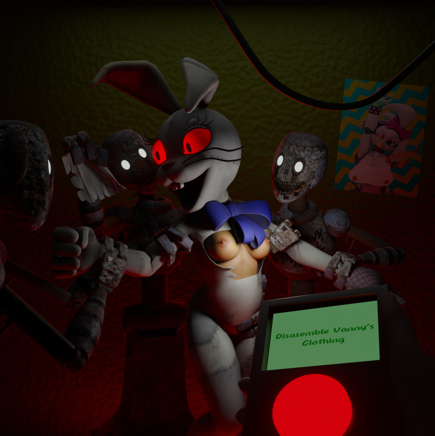 absurd_res ambiguous_gender areola arms_held being_watched blender_(software) blue_bow_tie bow_tie breasts buckteeth bunny_costume clothing costume exposed_breasts female female/ambiguous first_person_view five_nights_at_freddy's five_nights_at_freddy's:_security_breach fursuit g0g0g0g0g0g glamrock_chica_(fnaf) glowing glowing_eyes group hand_on_hip hi_res human lagomorph leporid looking_at_another machine mammal nipples questionable_consent rabbit red_eyes robot s.t.a.f.f._bot_(fnaf) scottgames technology teeth torn_clothing torn_fabric vandalism vanny_(fnaf) video_games
