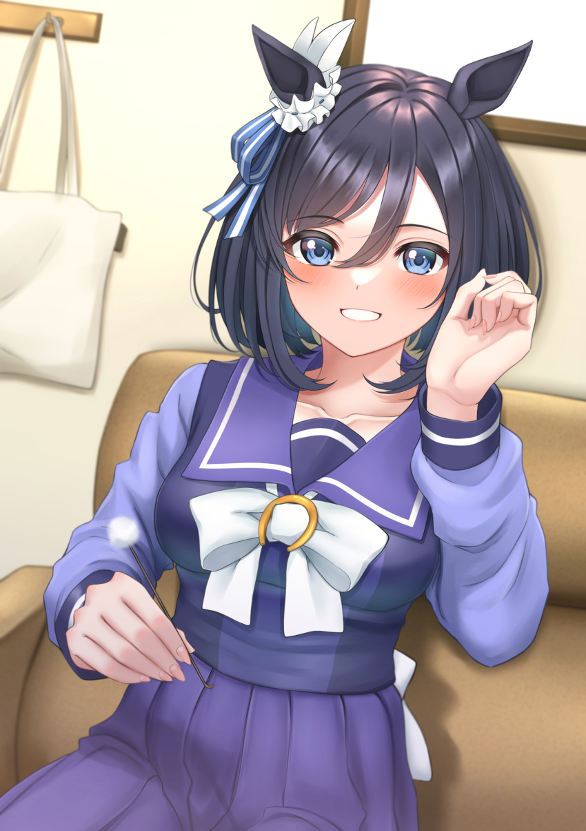 1girl :d animal_ears bag bangs black_hair blue_eyes blue_ribbon blush bow breasts collarbone couch ear_ornament eishin_flash_(umamusume) eyebrows_visible_through_hair fingernails hair_between_eyes hand_up highres holding horse_ears indoors long_fingernails long_sleeves looking_at_viewer medium_breasts mimikaki on_couch parted_bangs pleated_skirt purple_shirt purple_skirt ribbon school_uniform serafuku shirt short_hair skirt small_breasts smile solo umamusume white_bow yoshiki_3821