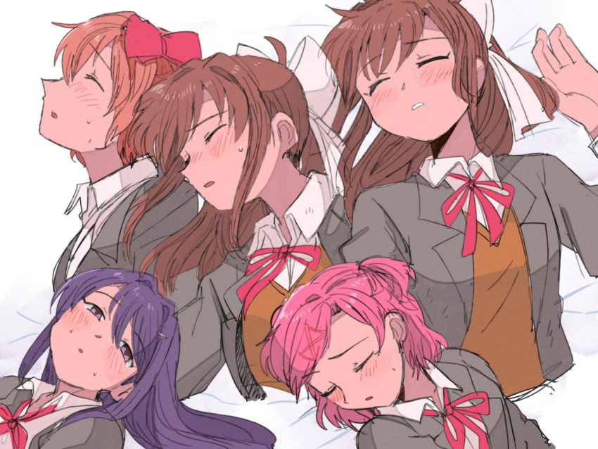 4girls bed bed_sheet blazer blush bow brown_hair brown_jacket closed_eyes closed_mouth doki_doki_literature_club hair_ornament hairclip half-closed_eyes head_on_another's_shoulder jacket leaning_on_person long_hair lying lying_on_person monika_(doki_doki_literature_club) multiple_girls natsuki_(doki_doki_literature_club) on_back open_mouth pink_hair ponytail purple_eyes purple_hair red_bow ribbon sayori_(doki_doki_literature_club) school_uniform short_hair sleeping sleeping_on_person sweat tsubobot twintails unconscious waking_up white_ribbon yuri_(doki_doki_literature_club)