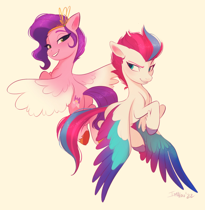 2022 absurd_res accessory blue_eyes cutie_mark duo equid equine feathered_wings feathers female feral green_eyes hair hair_accessory hasbro hi_res hooves imalou mammal mlp_g5 my_little_pony pegasus pink_body pink_hair pipp_petals_(mlp) purple_hair sibling signature sister sisters smile white_body wings zipp_storm_(mlp)
