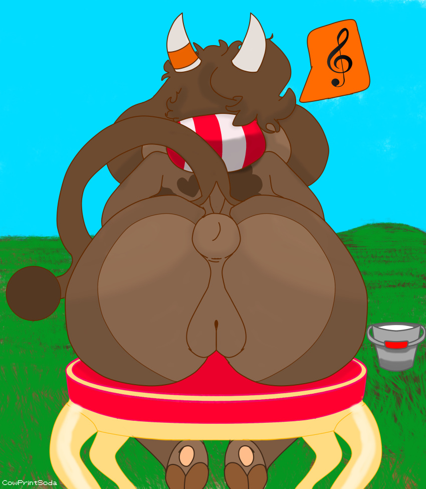 absurd_res anthro anus big_butt bovid bovine bucket bucket_of_milk butt chair container cowprintsoda female field floppy_ears furniture genitals heart_(marking) hi_res hooves mammal milk miltank mocha_(cowprintsoda) musical_note nintendo nude on_chair plump_labia pok&eacute;mon pok&eacute;mon_(species) puffy_anus pussy rear_view short_stack sitting sitting_on_chair solo spots stool video_games