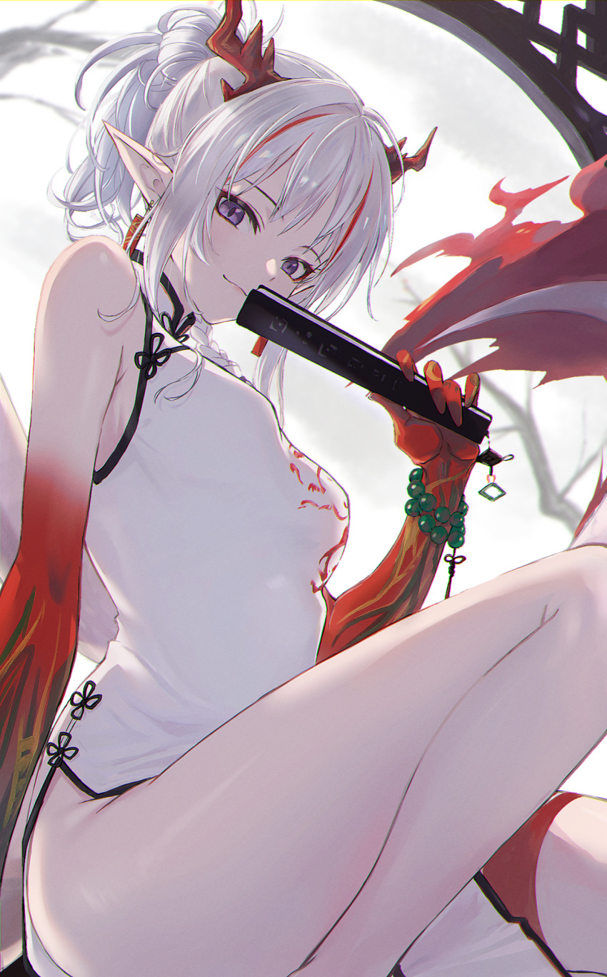 1girl arknights arm_tattoo bead_bracelet beads bracelet china_dress chinese_clothes colored_skin commentary_request dragon_girl dragon_horns dragon_tail dress ear_piercing fan_to_mouth feet_out_of_frame flame-tipped_tail folded_ponytail folding_fan hand_fan highres holding holding_fan horns jewelry knee_up konota_ko long_hair looking_at_viewer multicolored_hair nian_(arknights) nian_(unfettered_freedom)_(arknights) no_panties official_alternate_costume piercing purple_eyes red_hair red_skin sitting sleeveless sleeveless_dress smile solo streaked_hair tail tattoo thighs white_dress white_hair
