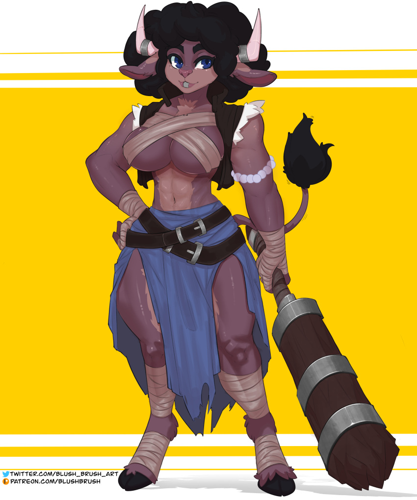 abs absurd_res afro animal_humanoid anthro bandaged_arm bandaged_chest bandaged_feet belt belt_buckle beltskirt biceps big_breasts big_butt bindings blue_eyes blushbrush bottomwear bovid bovid_humanoid bovine bovine_humanoid breast_squish breasts brown_body butt cattle character_olivia cleavage cleavage_cutout cleavage_overflow clothed clothing club_(weapon) european_mythology female forearms glistening glistening_body glistening_breasts glistening_eyes greek_mythology hand_on_hip hi_res hooves horn horns_and_hooves huge_breasts huge_butt huge_hair huge_thighs humanoid mammal mammal_humanoid melee_weapon minotaur muscle_tone muscular muscular_anthro muscular_female muscular_thighs mythology navel neck_tuft piercing raised_tail ring_(jewelry) skirt solo squish tail_motion tail_tuft tan_body thick_thighs topwear torn_clothing tuft tufted_ears vest weapon wide_hips wrappings