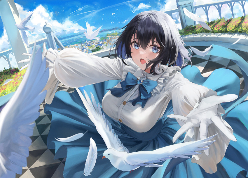 1girl :d absurdres animal aoi_13 bird black_hair blue_bow blue_bowtie blue_eyes blue_hair blue_skirt blue_sky bow bowtie breasts buttons clothes_lift cloud colored_inner_hair commentary day dutch_angle english_commentary feathers flower frilled_sleeves frills gloves hair_between_eyes highres large_breasts long_sleeves looking_at_viewer multicolored_hair open_mouth original outdoors outstretched_arms pleated_skirt puffy_sleeves shirt short_hair skirt skirt_lift sky smile solo two-tone_hair water white_gloves white_shirt wind wind_lift