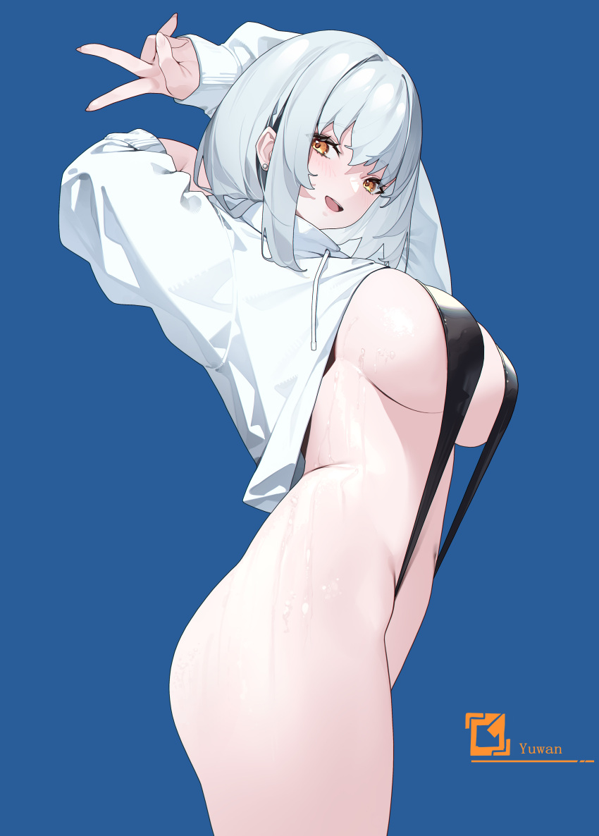 1girl :d absurdres arms_behind_head arms_up artist_name blue_background blue_swimsuit blush breasts cowboy_shot drawstring earrings from_side highres jewelry large_breasts long_hair long_sleeves looking_at_viewer looking_to_the_side navel open_mouth orange_eyes original shrug_(clothing) sideboob silver_hair simple_background slingshot_swimsuit smile solo stud_earrings swimsuit thighs v wet yuwan_2333