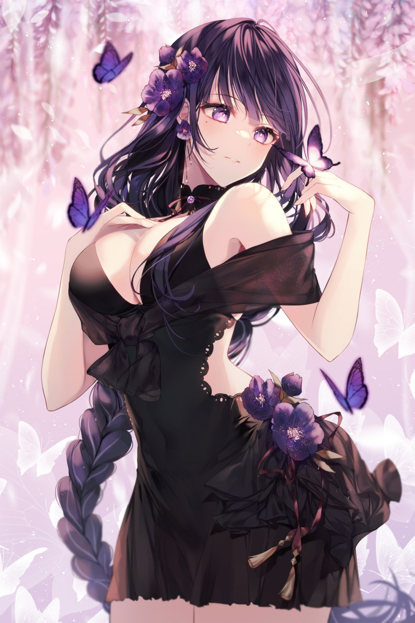 1girl arched_back bell black_dress black_hair black_ribbon blurry blurry_background braid braided_ponytail breast_press breasts bug butterfly butterfly_hair_ornament cleavage commentary dress flower gem genshin_impact grass hair_between_eyes hair_flower hair_ornament hair_ribbon hand_up highres jewelry large_breasts long_hair looking_at_another looking_down looking_to_the_side miniskirt neck_bell pink_background pink_butterfly purple_butterfly purple_eyes purple_flower purple_hair purple_ribbon raiden_shogun ribbon simple_background skirt sleeveless sleeveless_dress taya_oco very_long_hair