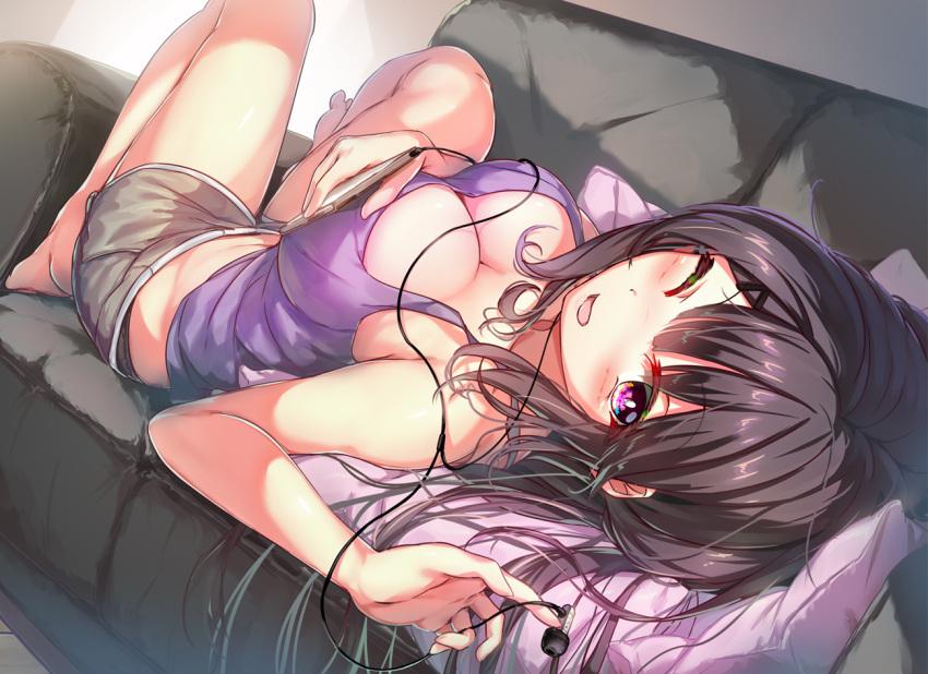1girl ao_no_kanata_no_four_rhythm bangs bare_arms bare_legs barefoot black_hair black_shorts blush breasts cleavage commentary_request commission couch cushion digital_media_player dolphin_shorts earbuds earphones eyebrows_visible_through_hair large_breasts long_hair looking_at_viewer lying on_back one_eye_closed open_mouth purple_eyes purple_tank_top short_shorts shorts skeb_commission smile solo tank_top tobisawa_misaki toes wingheart